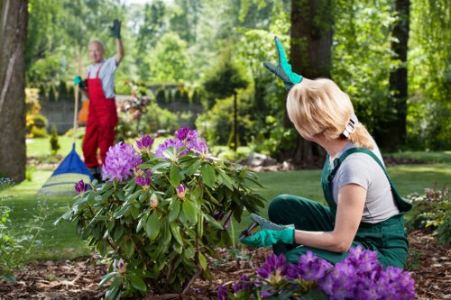 Low-maintenance garden makeover features including paving, edging, and lawn improvement in Eastham